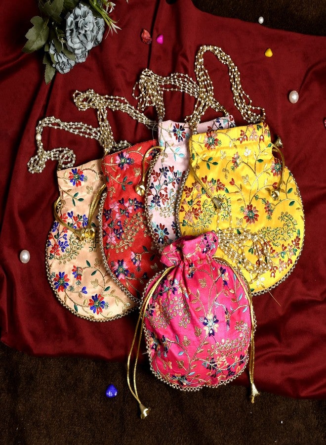 STLYZ Traditional Embroidered Potli Bag For Women, Handmade Pure Silk Potli Handbag Wristlets Ethnic Bridal Potli Batwa Bag For Ladies Wedding Return Gifts - Image 2